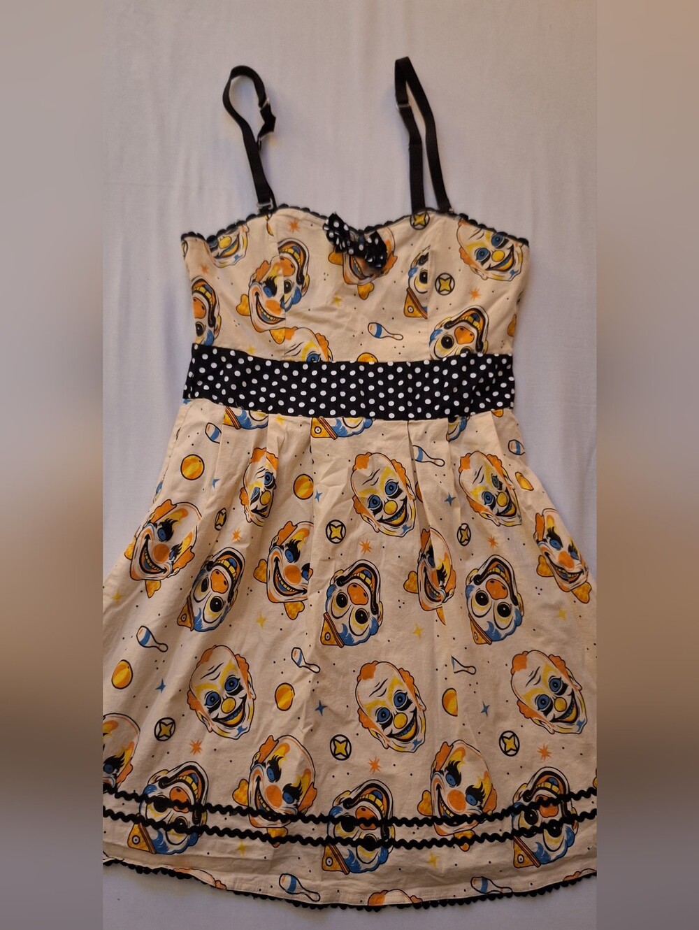 Sourpuss Cream Dress with Black Polka Dot Waist and Orange/Blue Print